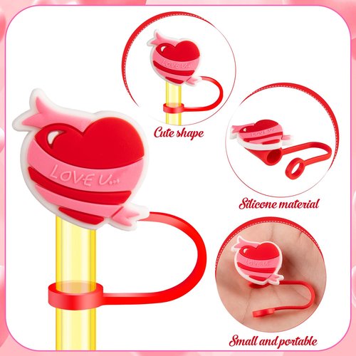 24 PCS Valentine's Day Straw Toppers, 8mm Heart Shaped Straw Cover Cap for Tumblers, Reusable Red Pink Lips Drinking Straws Tip Cover Lover Couple Fun Gifts