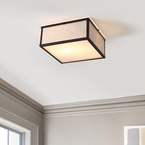 JONATHAN Y 14.13" Oil Rubbed Bronze 2-Light Iron and Linen Flush Mount, Minimalist Industrial Square Ceiling Light for Bedroom Hallway Living Room, LED Bulbs Included JYL1311A