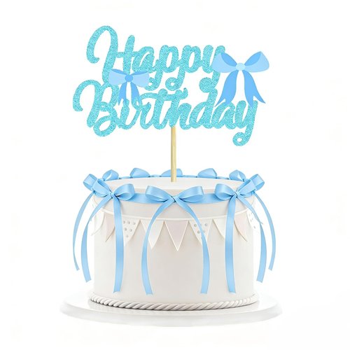 11 Pcs Blue Bow Cake Toppers, Happy Birthday Sign, 10Pcs Ribbion Bow Cupcake Toppers for Blue Bow Birthday Decorations, Baby Shower, Bridal Shower, Graduation Party