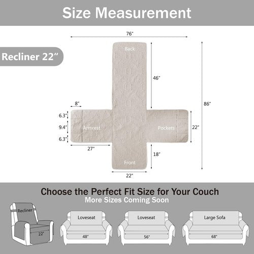 Pamhaven Beige Quilted Recliner Chair Covers, Water-Repellent Recliner Slipcovers, Lazy Boy Chair Covers, Pet Friendly Recliner Covers for Dog, Washable Armchair Protector (Recliner 22", Beige Cream)