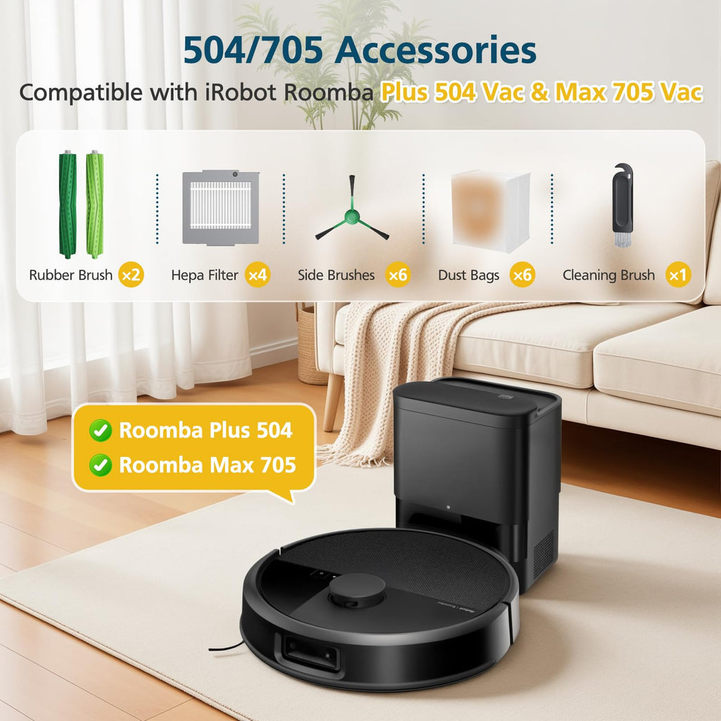 19-Pack Replacement Parts for iRobot Roomba Plus 504 Vac & Roomba Max 705 Vac Robot Vacuum, 504/705 Accessories Kit Include 2 Roller Brushes, 6 Dust Bags, 4 Filters, 6 Side Brushes, 1 Cleaning Brush