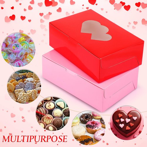 Tenceur 120 Pcs Valentine's Day Bakery Treat Boxes 9'' x 6'' x 3'' Large Cookie Boxes Bulk with Window Heart Shaped Gift Packaging Valentine Treat Containers for Pastry Cupcake Candy Dessert Party