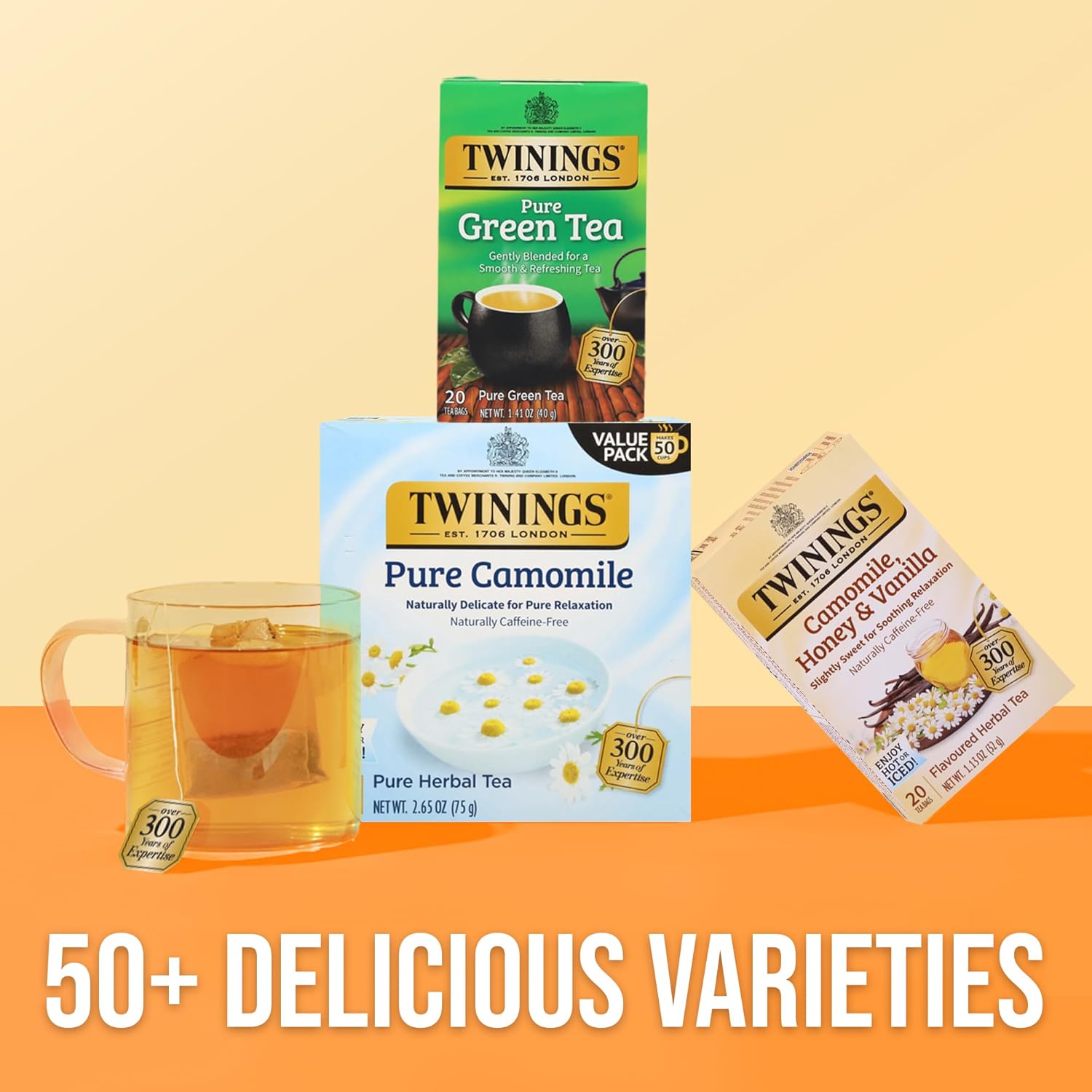 Twinings Pure Camomile Herbal Tea - Caffeine-Free, 50 Individually Wrapped Bags | Pack of 6, Perfect Hot or Iced