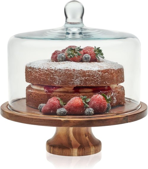 Libbey Acacia Wood Cake Stand - Footed Dessert Stand with Glass Dome Lid & Durable Ball Handle