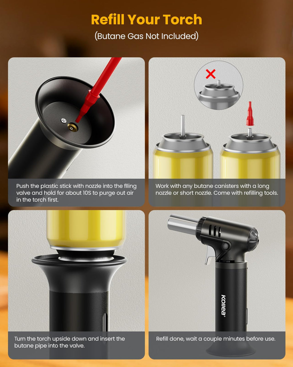 Kollea Butane Torch with Fuel Gauge T907, One-hand Operation Culinary Blow Torch Lighter with Safety Lock & Adjustable Flame for Cooking, Baking, Creme Brulee, Food Desserts (Butane Gas Not Included)
