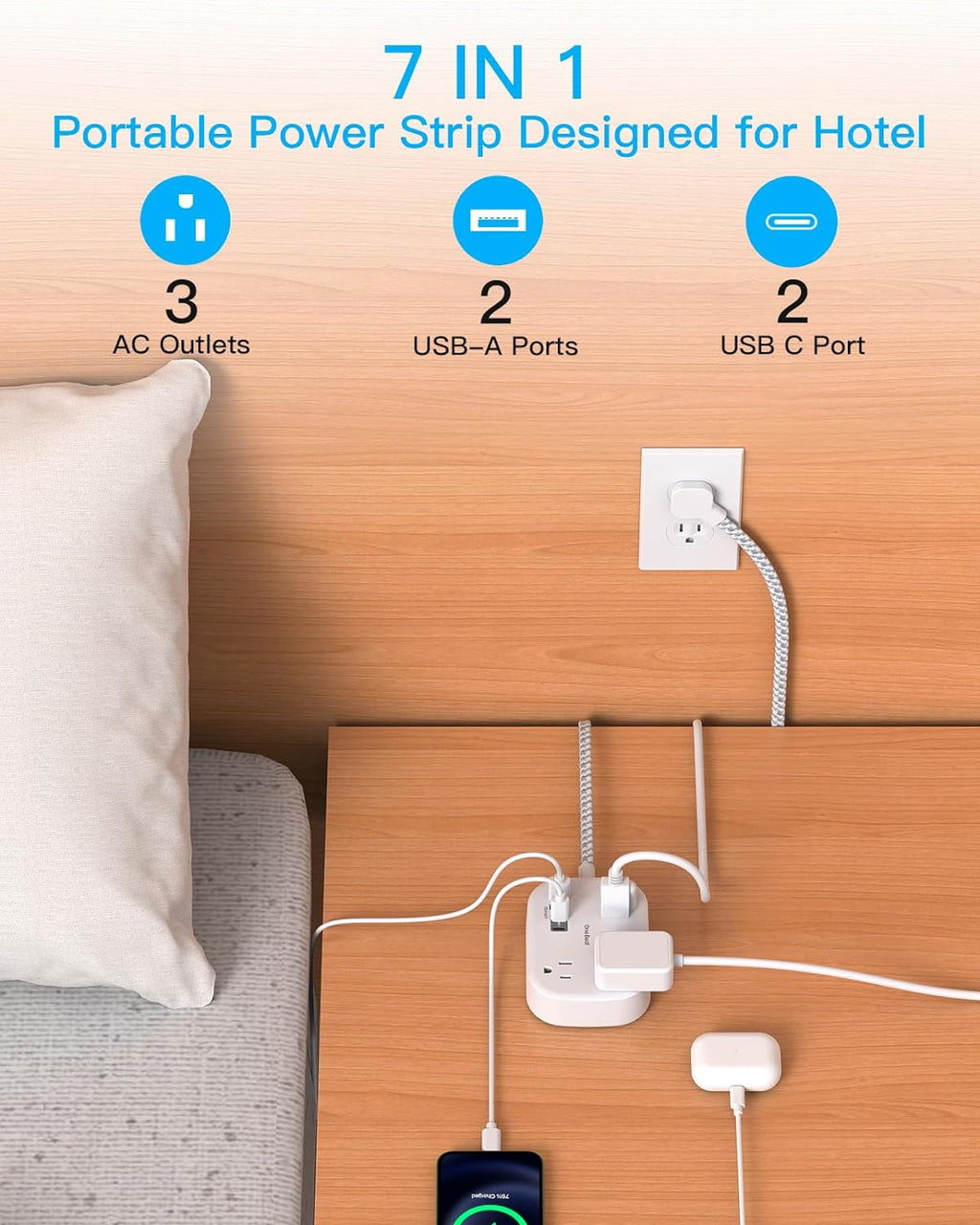 One Beat Travel Power Strip - 3 Outlets & 4 USB Ports (2 USB-C) | 5 ft Flat Plug Extension Cord for Cruise & Dorm Room