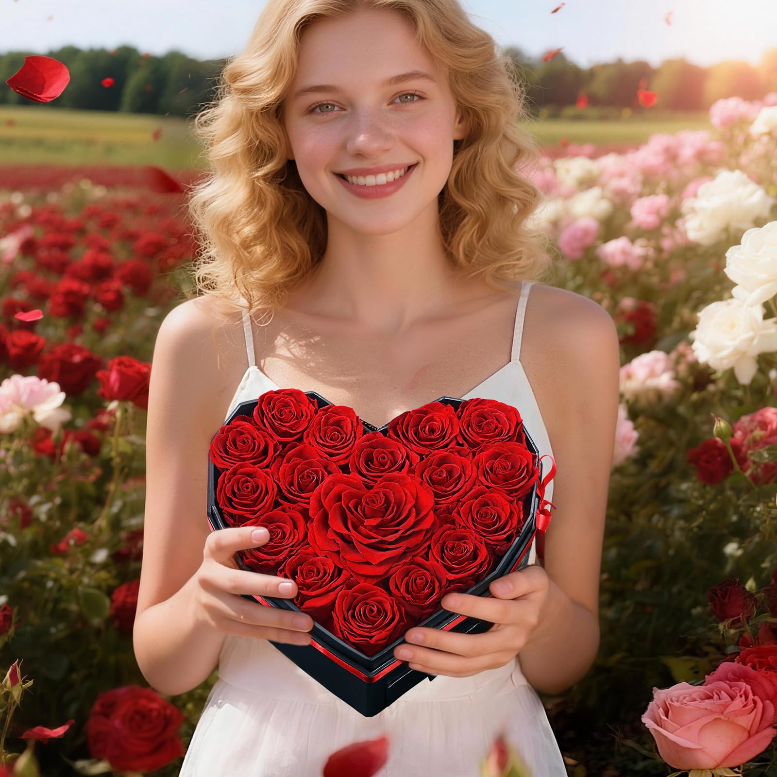 MARTINE MALL 17 Forever Flowers for Delivery, Mothers Day Birthday Gifts for Women Mom Glitter Preserved Real Roses in a Box Gifts for Girlfriend Wife Lasting Eternal Flowers with Necklace, Red