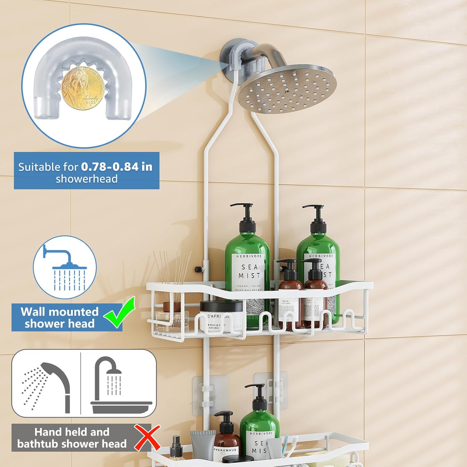 Upgraded Shower Organizer - Extended Length Rustproof Shampoo & Soap Holder | Large Bathroom Caddy