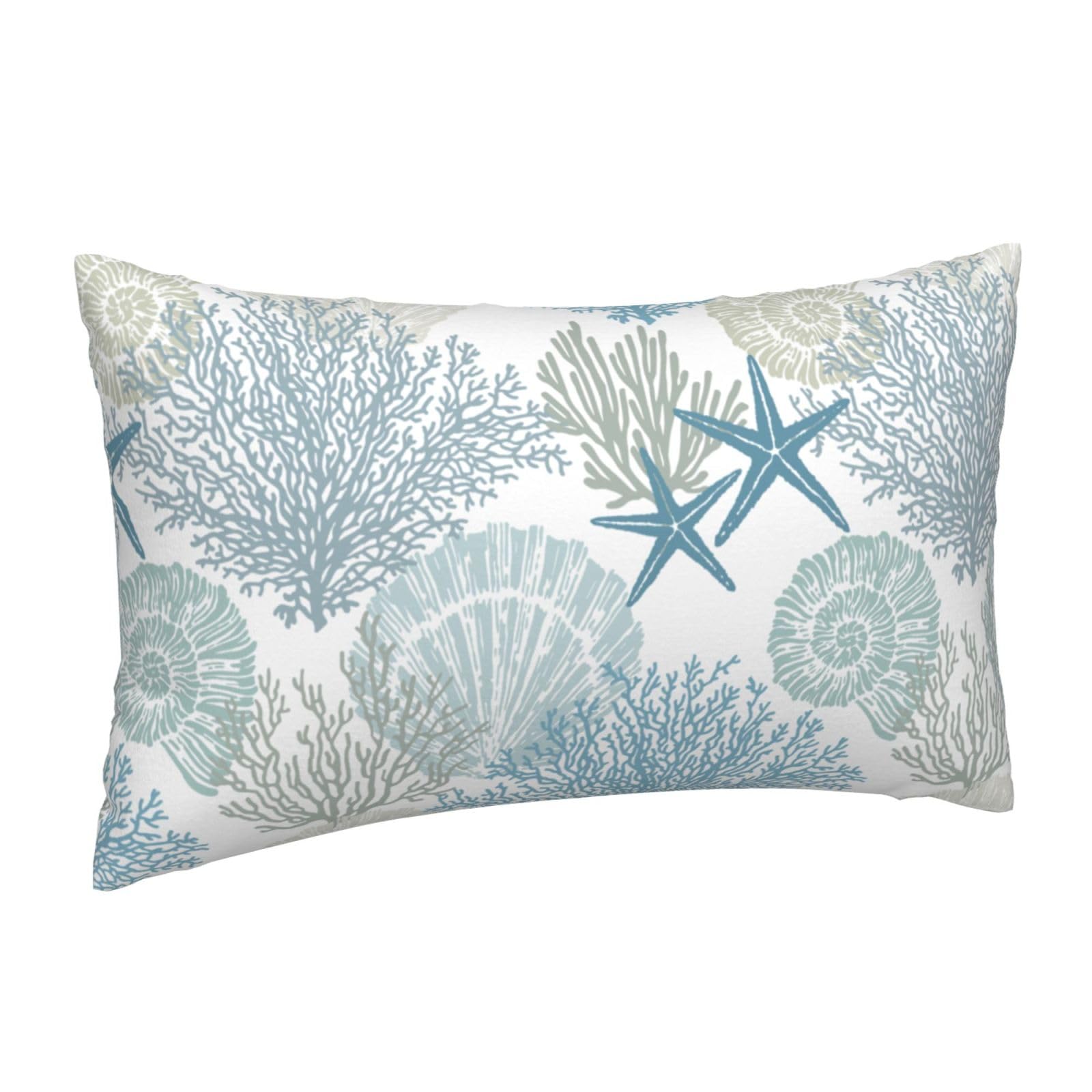 Tebjh Nautical Coastal Throw Pillow Covers 12x20 Set of 2, Beach Themed Ocean Seashell Coral Starfish Couch Lumbar Pillow Cover Outdoor Sofa Cushion Cover for Bedroom Living Room