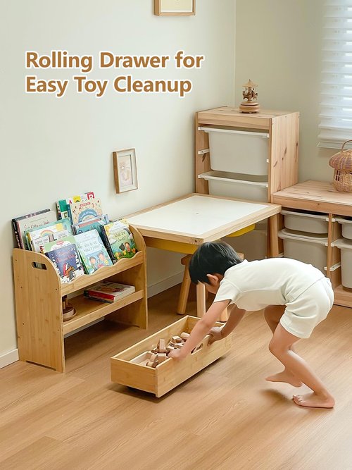Lavenix Bamboo Kids Bookshelf 3-Tier with Drawer, Scalloped Front Facing Montessori Book Shelf and Toy Storage for Toddler Kids Rooms, Baby Nursery, Classroom