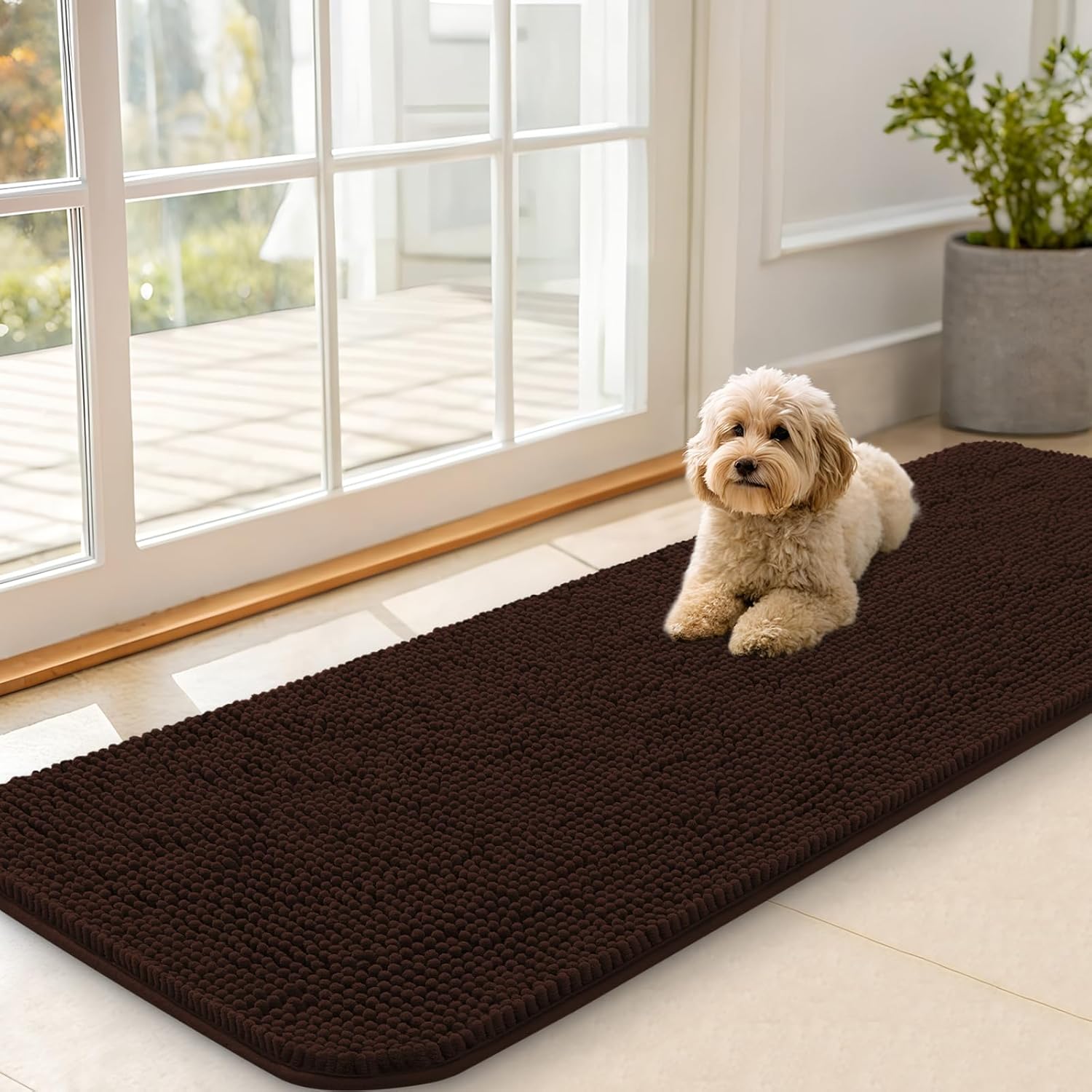 OLANLY Dog Door Mat - Absorbent Non-Slip Chenille Mat for Muddy Paws | 59x20 Inches, Quick Dry, Brown