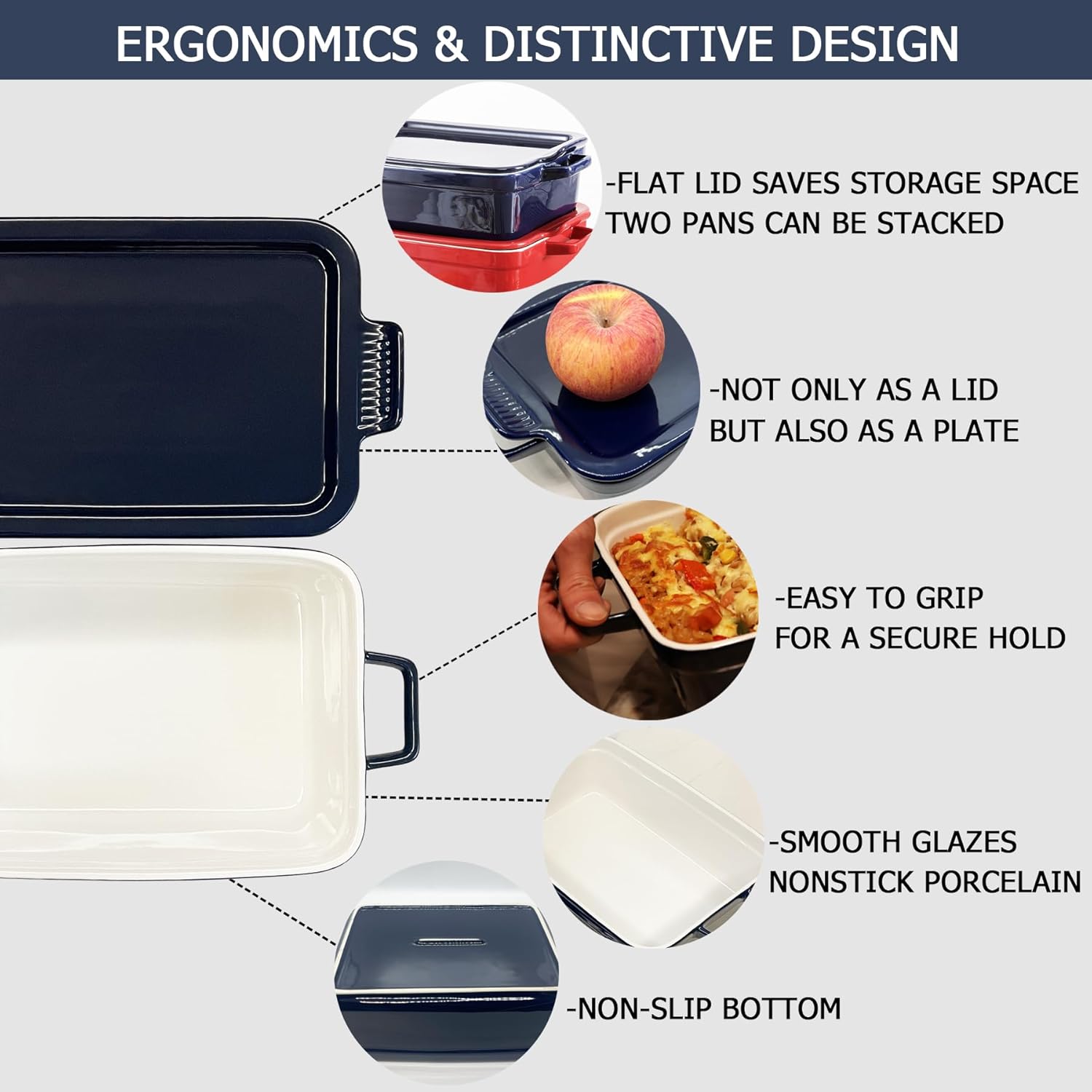 Skiennix Baking Pan - Deep Ceramic Lasagna Dish with Handles & Lid | Navy Blue, 3.1 Quarts
