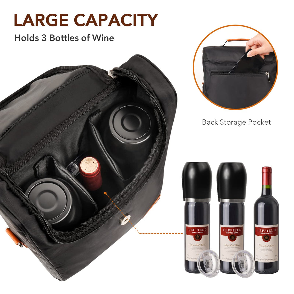 Philiva 3 Bottle Wine Tote Bag with Tumblers and Opener, Portable Wine Carrier Purse for Travel/Picnic/Beach/Pool/Events/Hiking, Gift for Women Men, Black