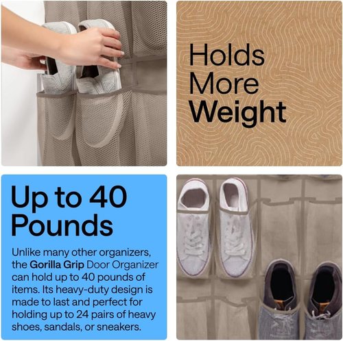 GORILLA GRIP Over The Door Shoe Organizer - 24 Large Breathable Mesh Pockets | Space-Saving Storage in Beige