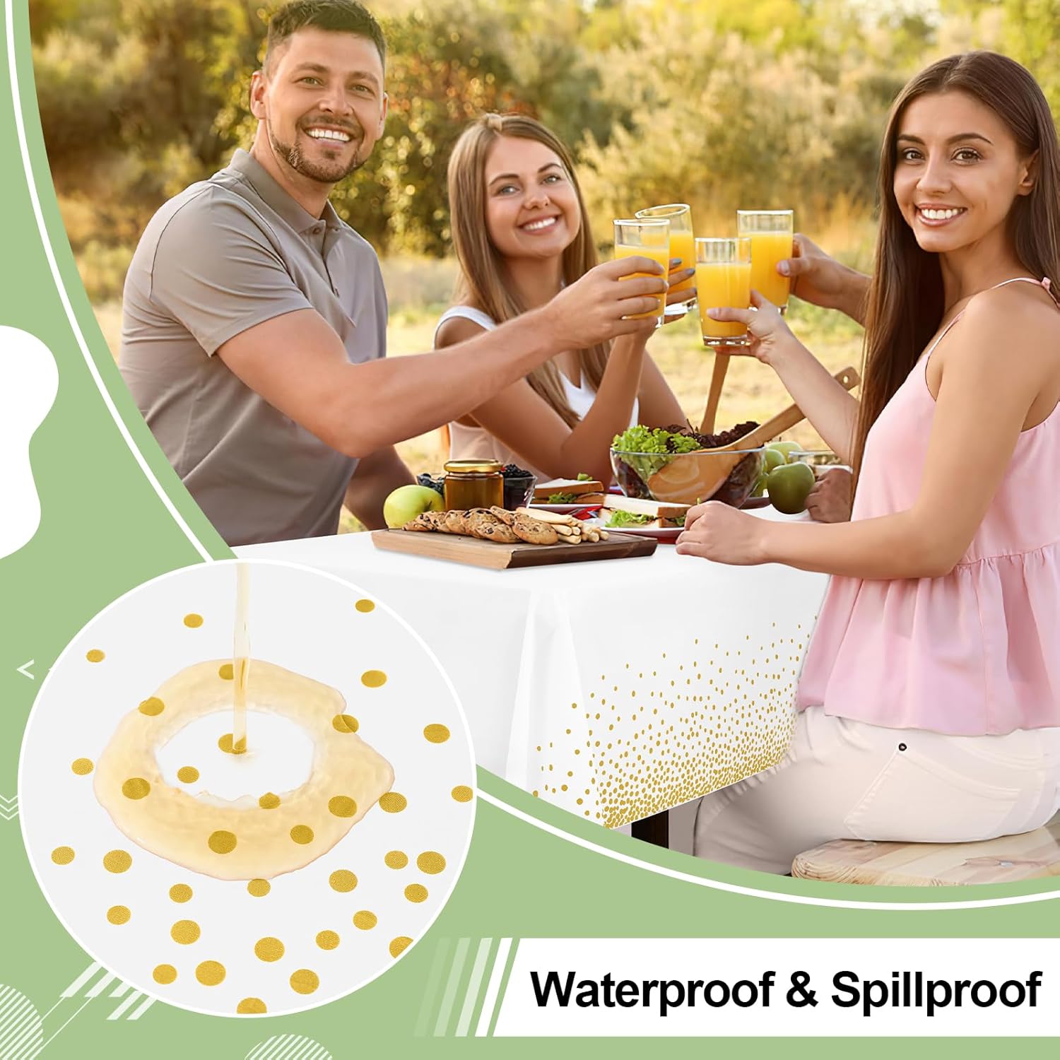 Misaya Disposable Tablecloths - 3 Packs of Waterproof 54 x 108 Inch Gold Dots on White for Parties & Picnics