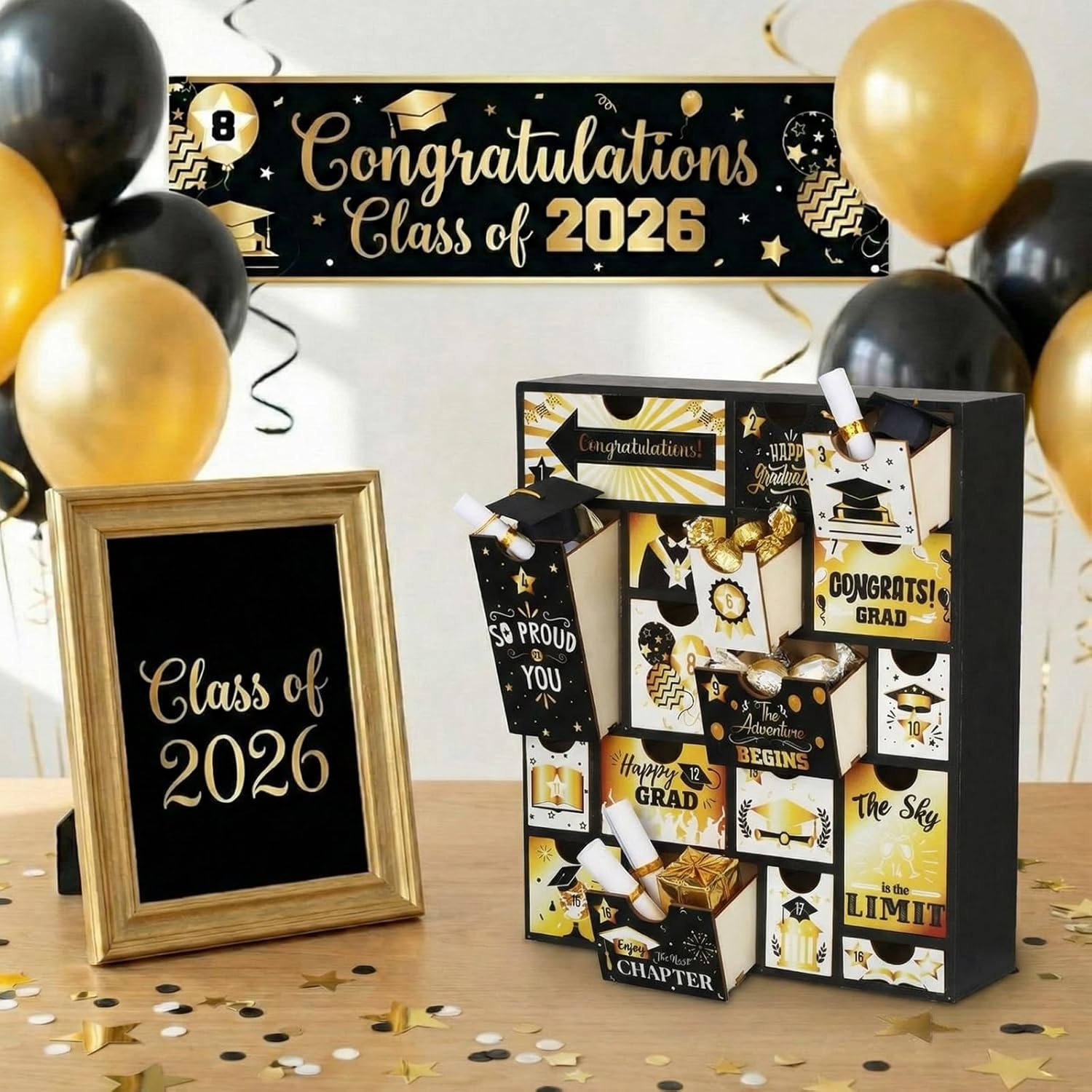 Novabright Graduation Countdown Calendar - 18 Days Fillable Advent Box with 18 Drawers | Black Gold