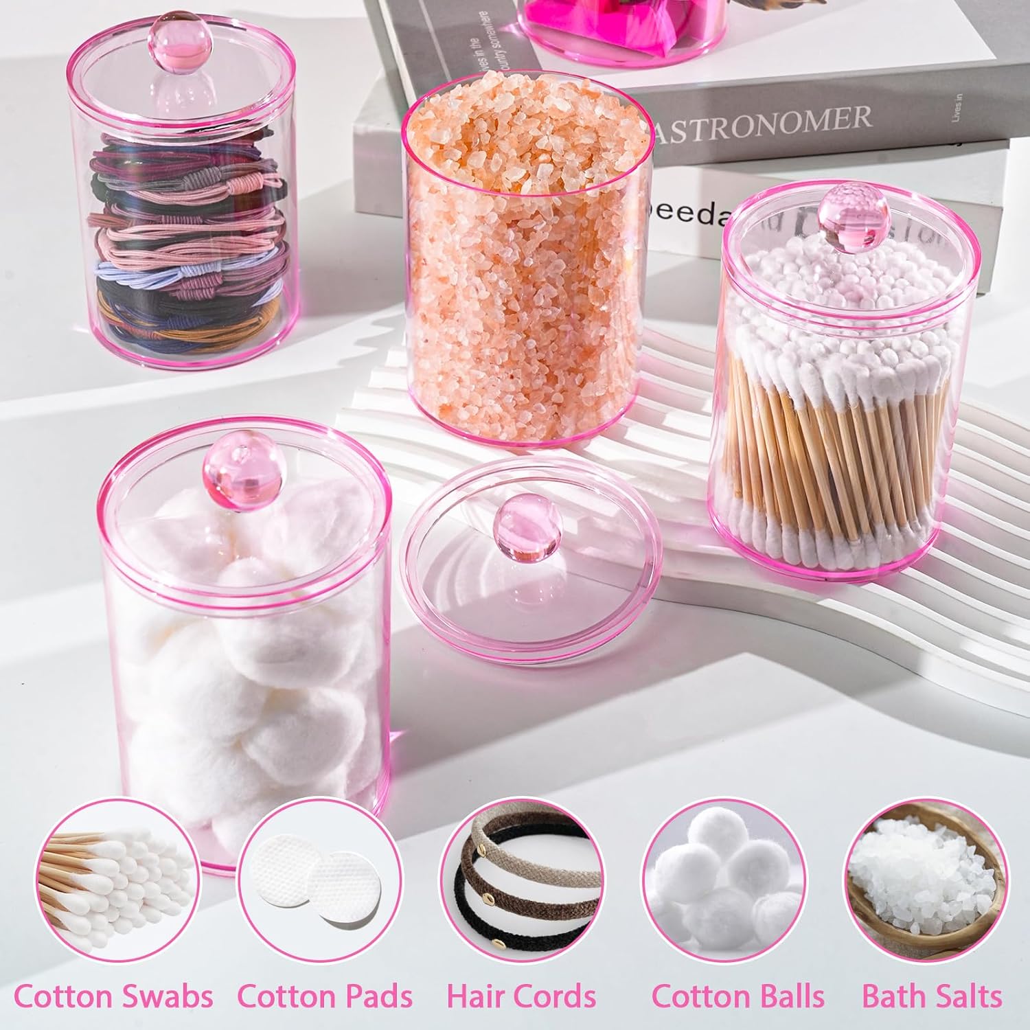 XIPENGKEJI Qtip Holder Set - Stylish Apothecary Jars for Cotton Swabs & Pads | 10oz-12oz Pink Canisters