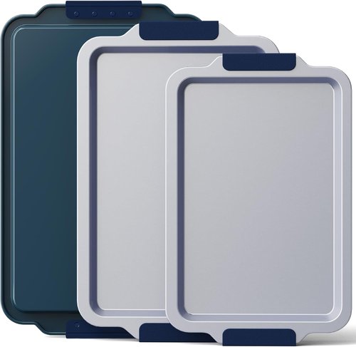 BRONYPRO Non-Stick Ceramic Baking Sheet Set - Natural, PFOA & PTFE Free, Heavy Duty, Navy | Set of 3
