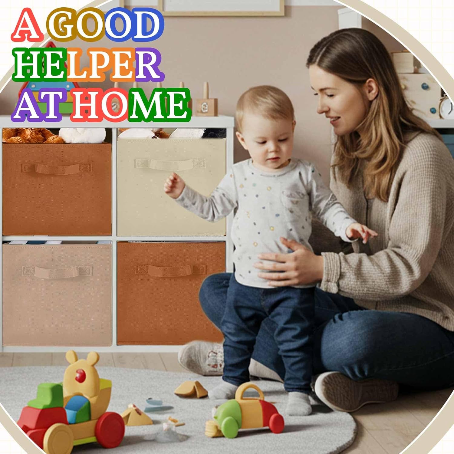 Yinder 12 Pcs Cube Storage Bins - Foldable Fabric Organizers for Playroom & Nursery - Brown 11''