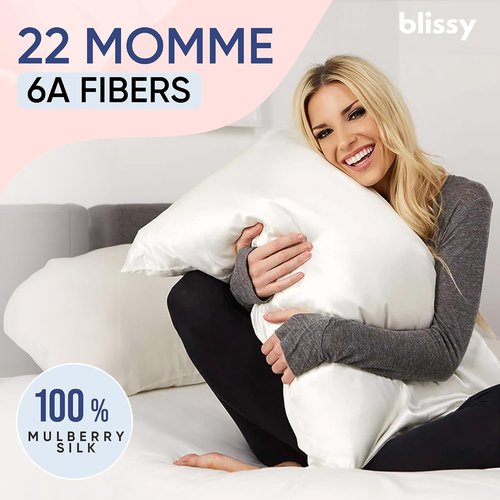 Blissy Silk Pillowcase - 100% Pure Mulberry Silk for Hair & Skin - 22 Momme, White | Standard, Queen & King Sizes