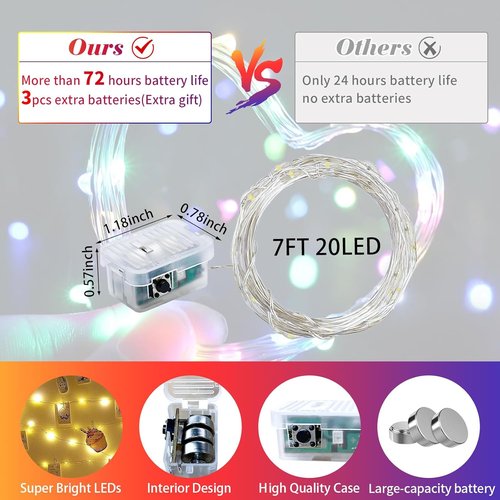 Fairy Lights 7Ft Twinkle String Lights - 20 LED Waterproof Battery Operated | Rainbow-Pastel for Parties & Weddings