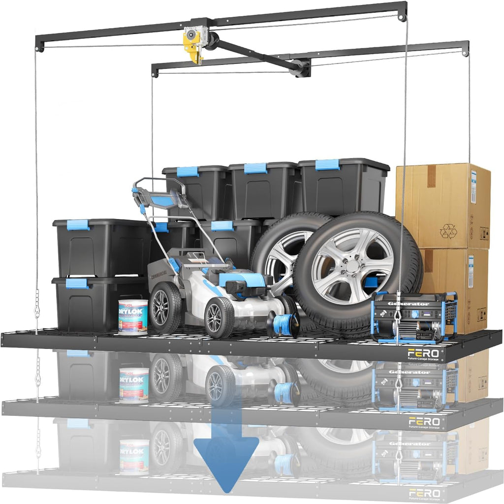 Overhead Garage Storage Rack - Heavy-Duty 4x8 FT Ceiling Mounted System with Safety Lock | 325 lbs Capacity