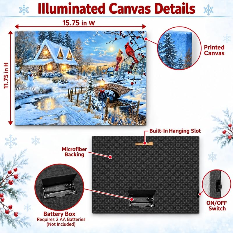 LED Wall Art - Snowy Cottage Scene with Cardinal birds, Snowman & Bridge (Variation 1) 11.75" x 15.75"