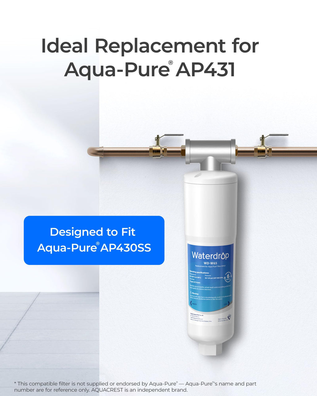 Waterdrop AP431 Replacement Cartridge for Aqua-Pure AP431 Hot Water Scale Inhibitor for AP430SS, Prevent Scale Accumulation and Protect Water Heaters, Pack of 1