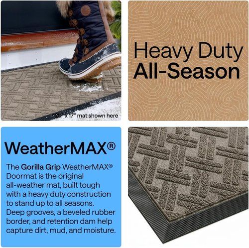 GORILLA GRIP Waterproof All-Season Doormat - 72x24 Natural Rubber, Stain & Fade Resistant, Easy Clean Taupe