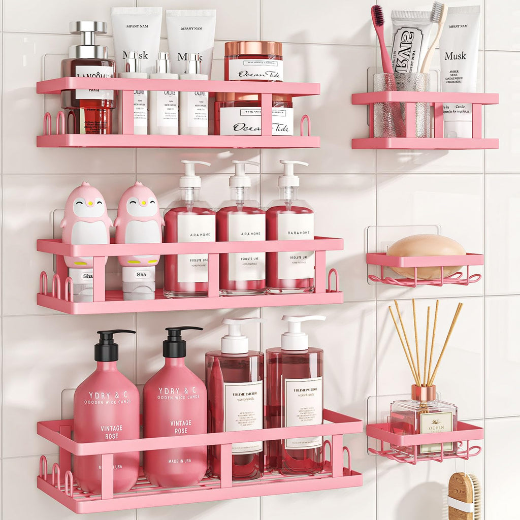 Youvip Shower Caddy - Adhesive No-Drill Shelves with Soap Holder | Large Capacity Pink Bathroom Decor