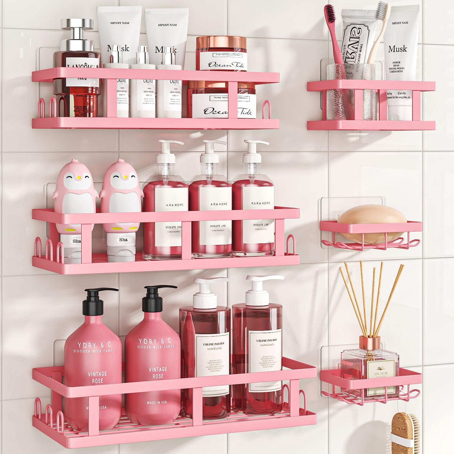 Youvip Shower Caddy - Adhesive No-Drill Shelves with Soap Holder | Large Capacity Pink Bathroom Decor