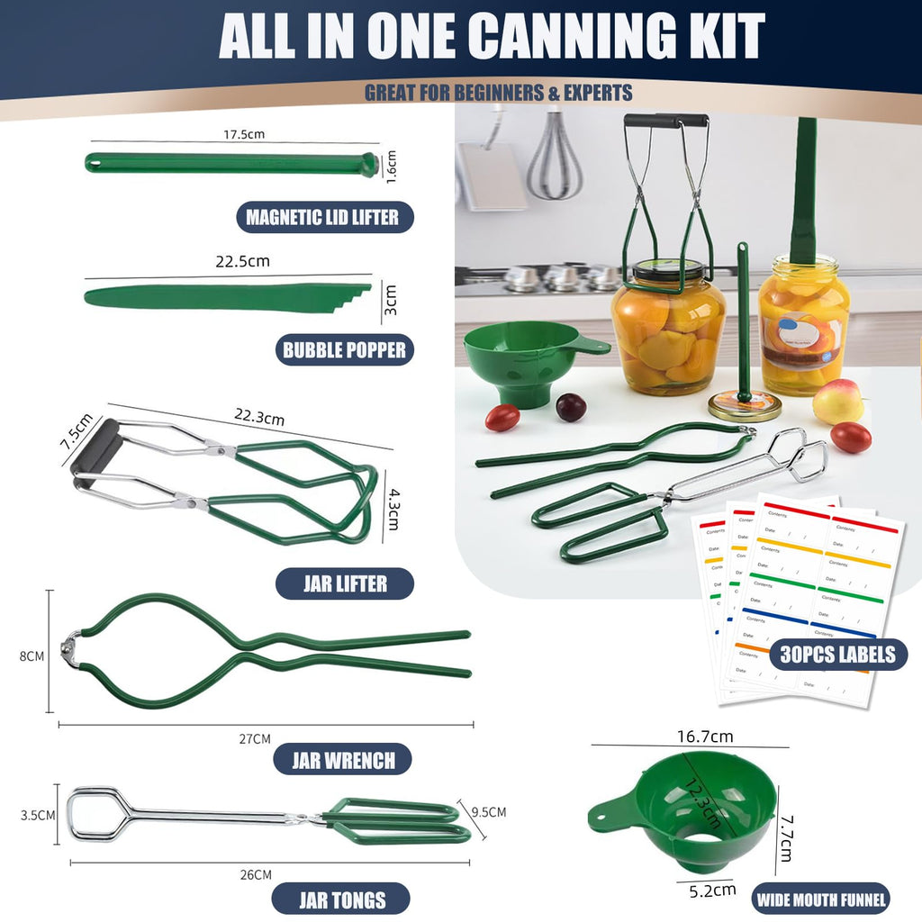 Food Mill Stainless Steel With 3 Grinding Discs and Complete Canning Supplies Starter Kit of 8-Includes Tongs, Jar Lifter, Wrench, Lid Lifter, measurer,Funnel,Labels,Multifunctional Spoon(DM-BL-GR)