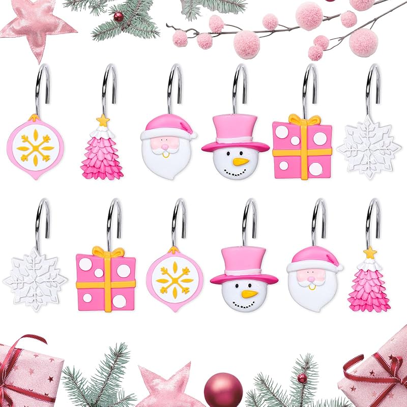 Christmas Shower Curtain Hooks 12Pcs Decorative Tree Snowflake Santa Snowman Hangers