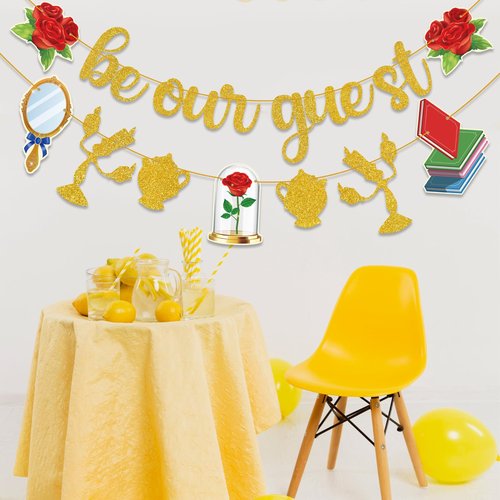 Gold Be Our Guest Banner, Glitter Cartoon Princess Birthday banner Cartoon Theme Party Banner Baby Shower Birthday Party Decorations For Girls Boys