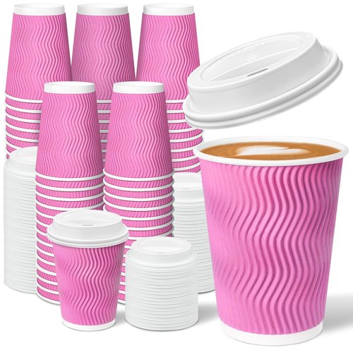Charmount 100 Pack 12 oz Pink Disposable Insulated Coffee Cups with Lids - Ripple Wall Hot Paper To-Go Cups for Coffee, Tea, Cocoa, and Drinks - For Valentines Day