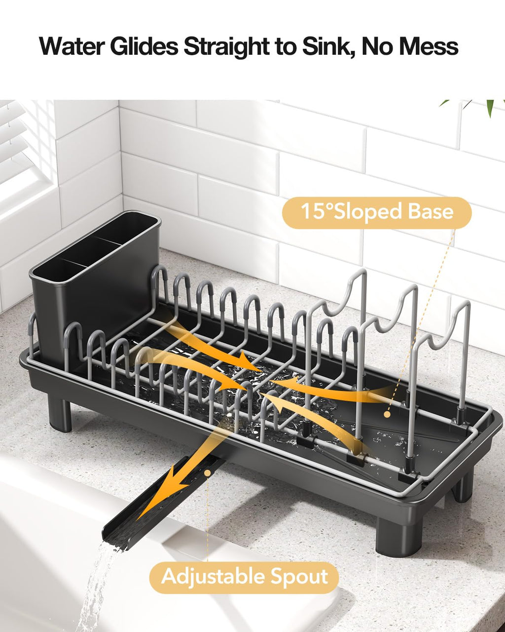Nfnoyp Small Dish Drying Rack Carbon Steel Dish Rack Rustproof for Kitchen Counter Compact Dish Drainer with Adjustable Slots for Small Kitchens & Apartments 16.5×6.5×7inch Black