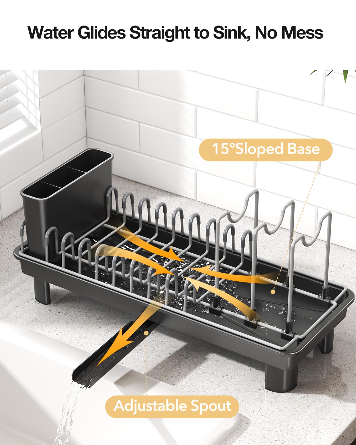 Nfnoyp Small Dish Drying Rack Carbon Steel Dish Rack Rustproof for Kitchen Counter Compact Dish Drainer with Adjustable Slots for Small Kitchens & Apartments 16.5×6.5×7inch Black