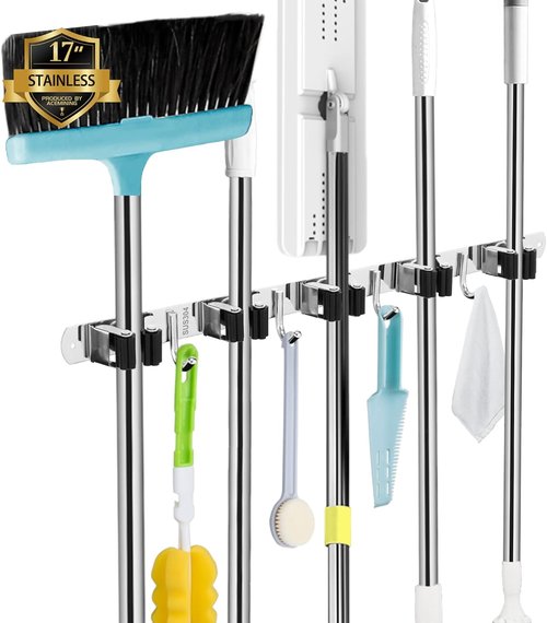 AceMining Mop and Broom Holder - 5 Racks & 4 Hooks Wall Mount Organizer | Heavy-Duty Stainless Steel
