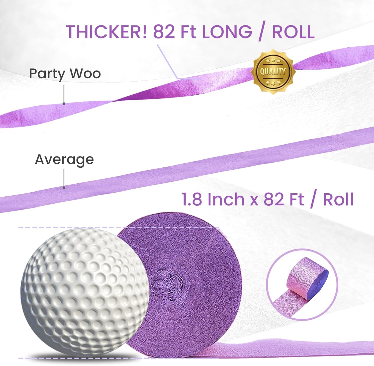 PartyWoo Purple Crepe Paper Streamers - 6pcs 492ft Light & Dark Purple, Lavender, White, Silver | Ideal for Birthday & Graduation Decorations