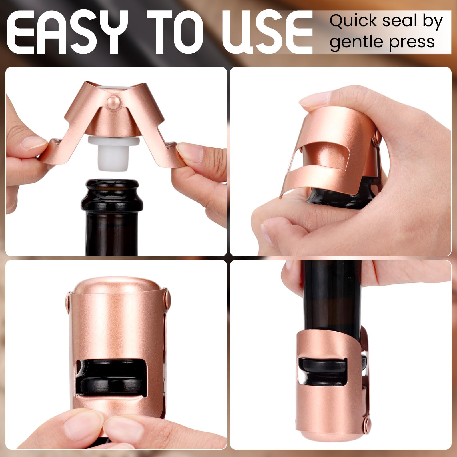 Champagne Stoppers Stainless Steel, Prosecco Sparkling Wine Bottle Stopper with Silicone Sealing Plug, Leak proof Keep Fresh Reusable Champagne Cork & Saver (Rosegold, 2 Pack)