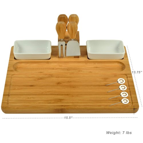 Picnic at Ascot Large Bamboo Cheese Board/Charcuterie Platter with 4 Stainless Steel Tools, 2 Ceramic Trays & Cheese Markers -16" x 13"- Designed & Quality Checked in USA