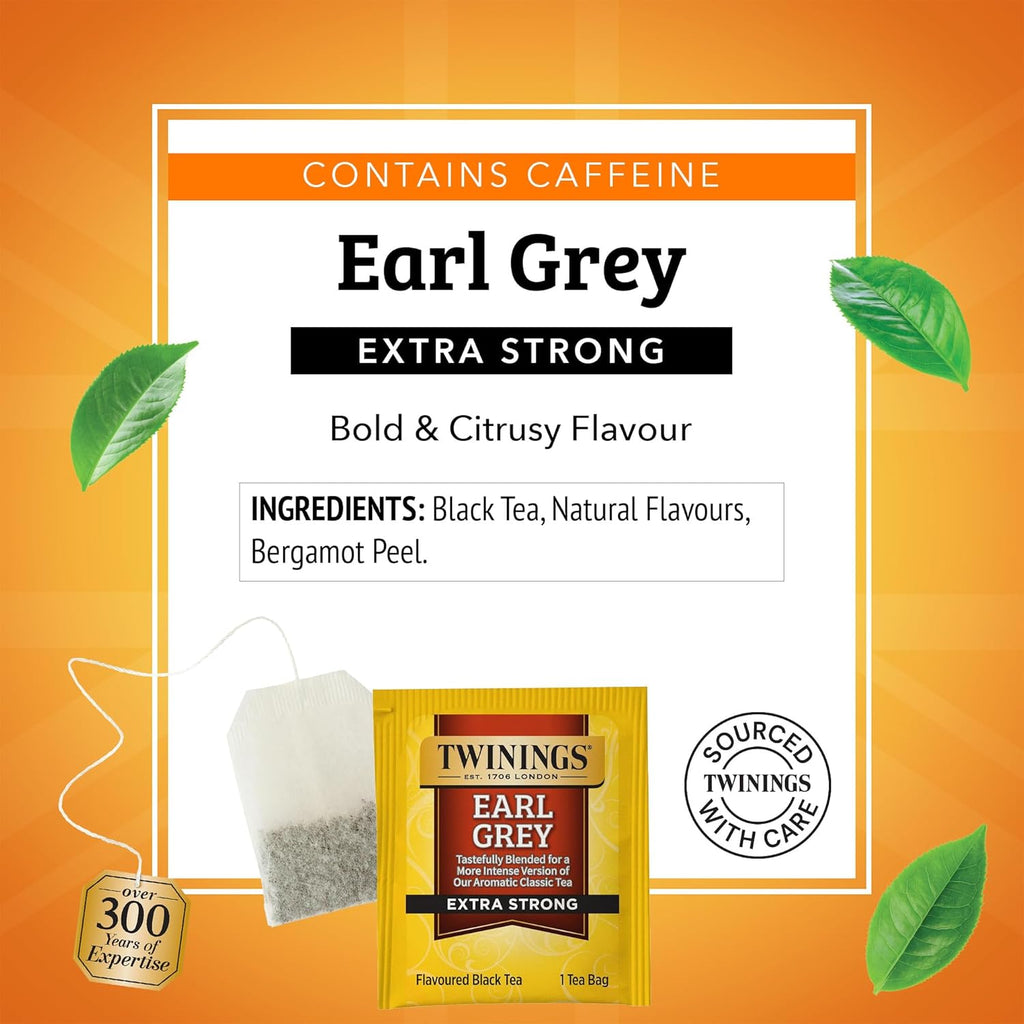 Twinings Earl Grey Extra Strong Black Tea - Citrus & Bergamot Flavor, 20 Individually Wrapped Bags (Pack of 6)