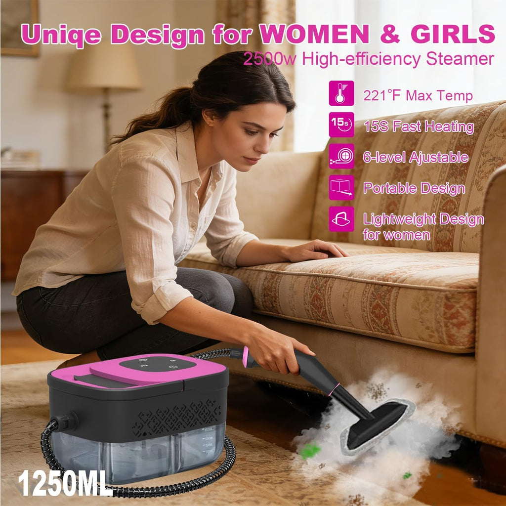 Skiennix Portable Steam Cleaner - 16-Piece Accessory Set, 6-Level Adjustable, Quick 15s Heat-Up | Lightweight Handheld for Home & Car Detailing