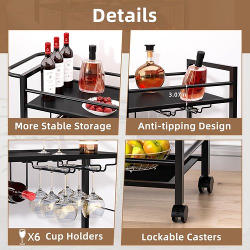 Joaxswe Bar Cart,Home Bar Serving Cart with Storage Shelves, 2 Tier Rolling Beverage Cart with Wheels, Modern Wine Cart with Wine Rack and Glass Holder for Kitchen, Living Room,Dinning Room,Black