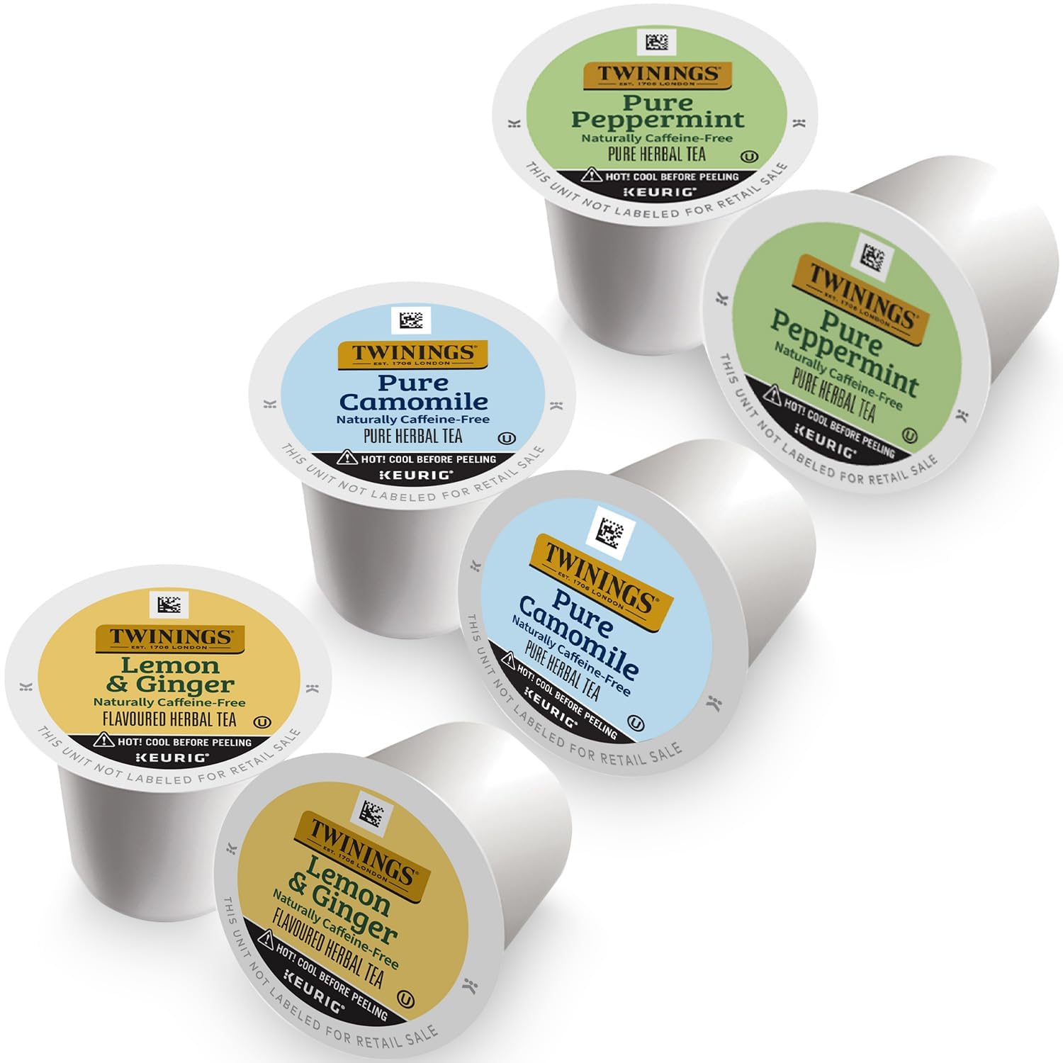 Twinings Herbal Tea K-Cup Pods for Keurig, Variety 3-Pack – Pure Peppermint, Pure Camomile + Lemon & Ginger Tea K-Cups, Naturally Caffeine-Free, 12 Count Each