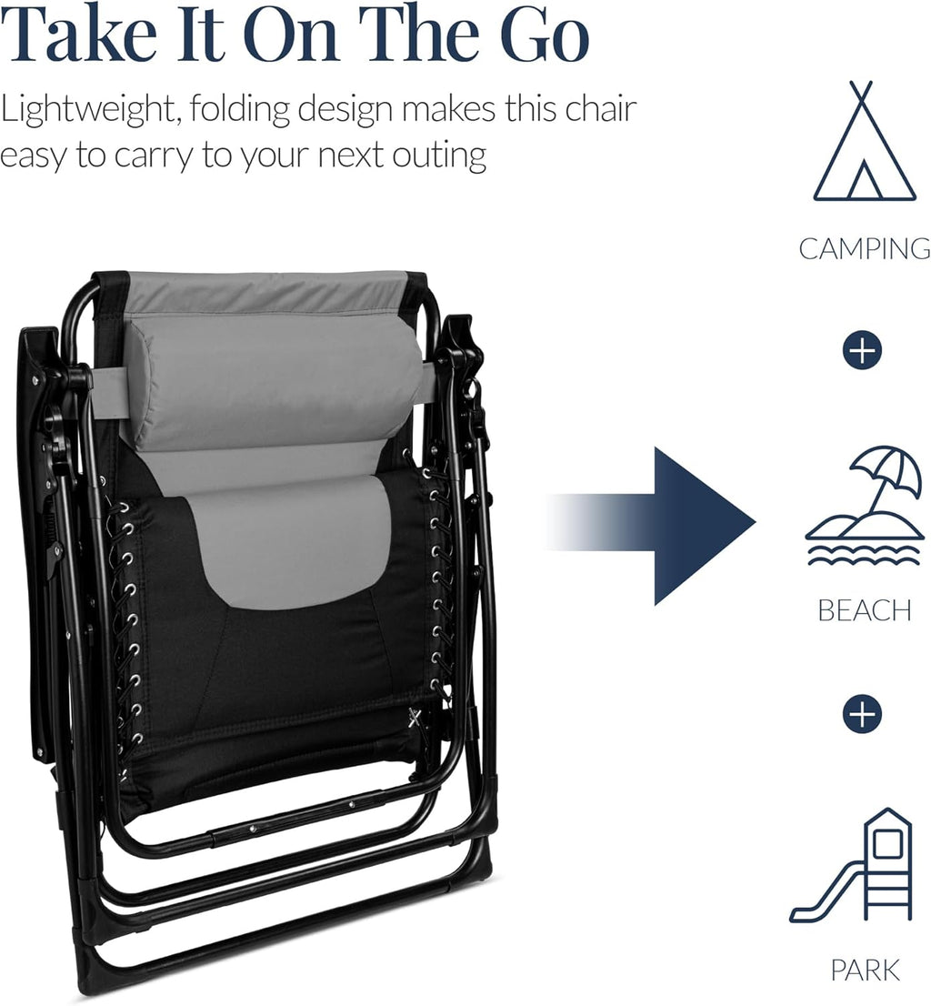 Best Choice Products Oversized Padded Zero Gravity Chair - XL Outdoor Recliner with Headrest & Cup Holder | Gray