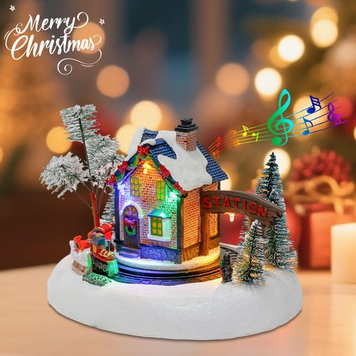 innodept12 Christmas Snow-Village Santas Wonderland House - Animated Rotating Train, Resin Holiday Decor with Music and LED Lights for Indoor Tabletop Display