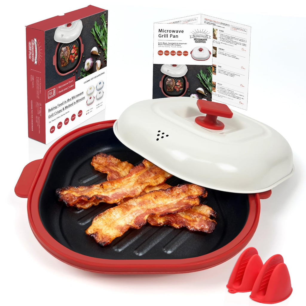 Microwave Grill Pan with Cover, Microwave Cookware Multi-Use for Grilling, Frying, Browning and Crisping, Microwave Bacon Cooker, Omelette Maker, Omelette Pan, Quesadilla Maker, Easy to Clean (Red)