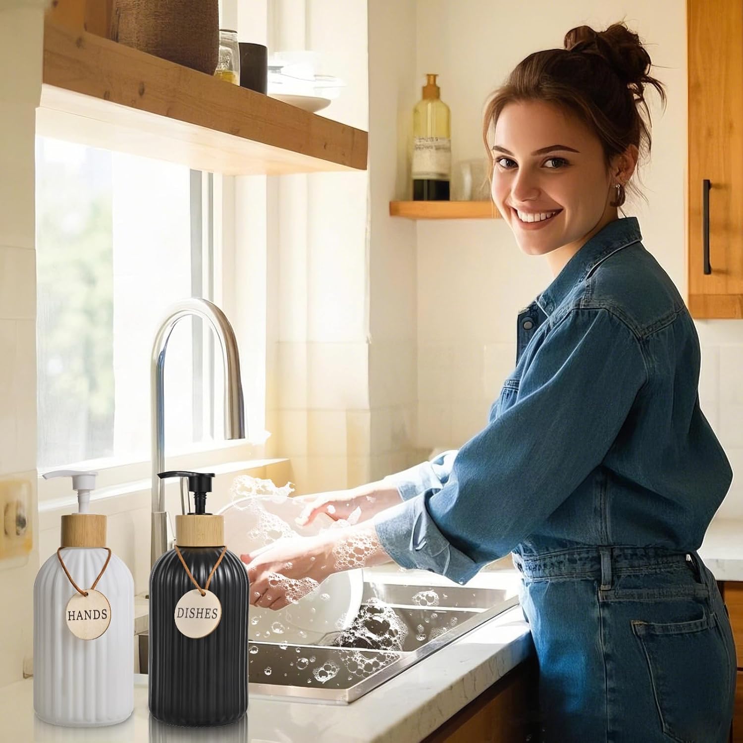 ViserVita Glass Hand Soap Dispenser Set - Elegant Bamboo Pump | 2 Pack for Kitchen & Bathroom Decor