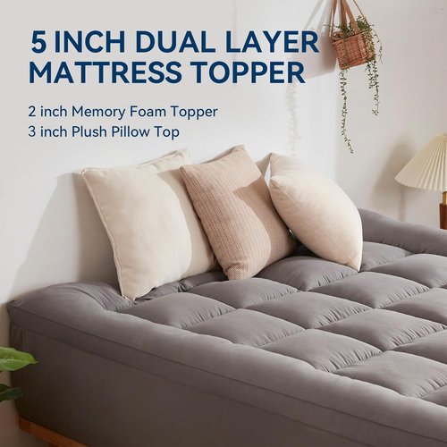 BDEUS Queen Size Dual Layer 5-Inch Memory Foam Mattress Topper - 2-Inch Gel Plus 3-Inch Down Alternative Pillow Top, Dark Gray